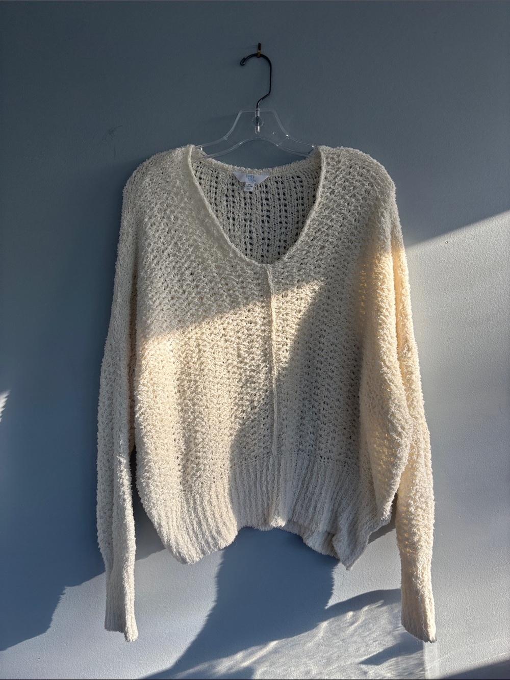 Time and Tru White V-Neck Open-Knit Sweater